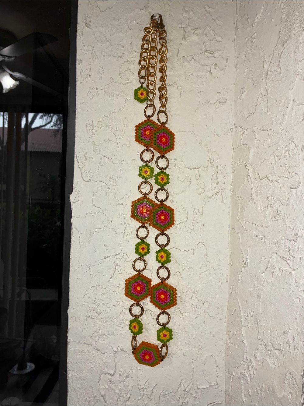 Handmade Gold-Tone Geometric Bead Chain Belt in Pink & Green